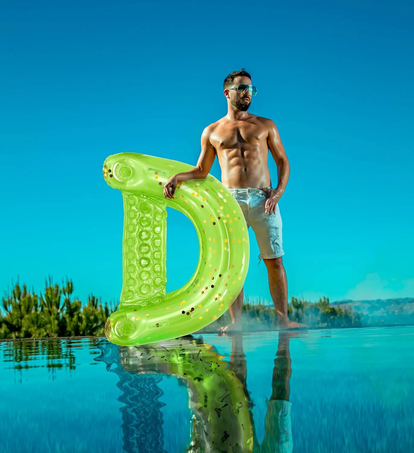 POZA Inflatable Pool Float Chair - Luxurious Lounger Filled with Sparkle Confetti, 2 Built in Cup Holders & Handles, Water Floating Chair for Beach, Lake & Swimming Pool - 48 x 38 Inch