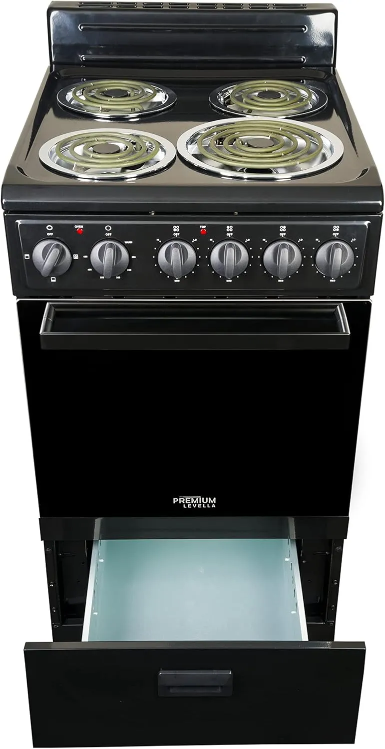 Premium Levella PRE2027GB 20 in Freestanding Electric Range with 4 Coil Burners and 2.2 Cu. Ft. Single Oven Capacity with Lower Storage Drawer in Black