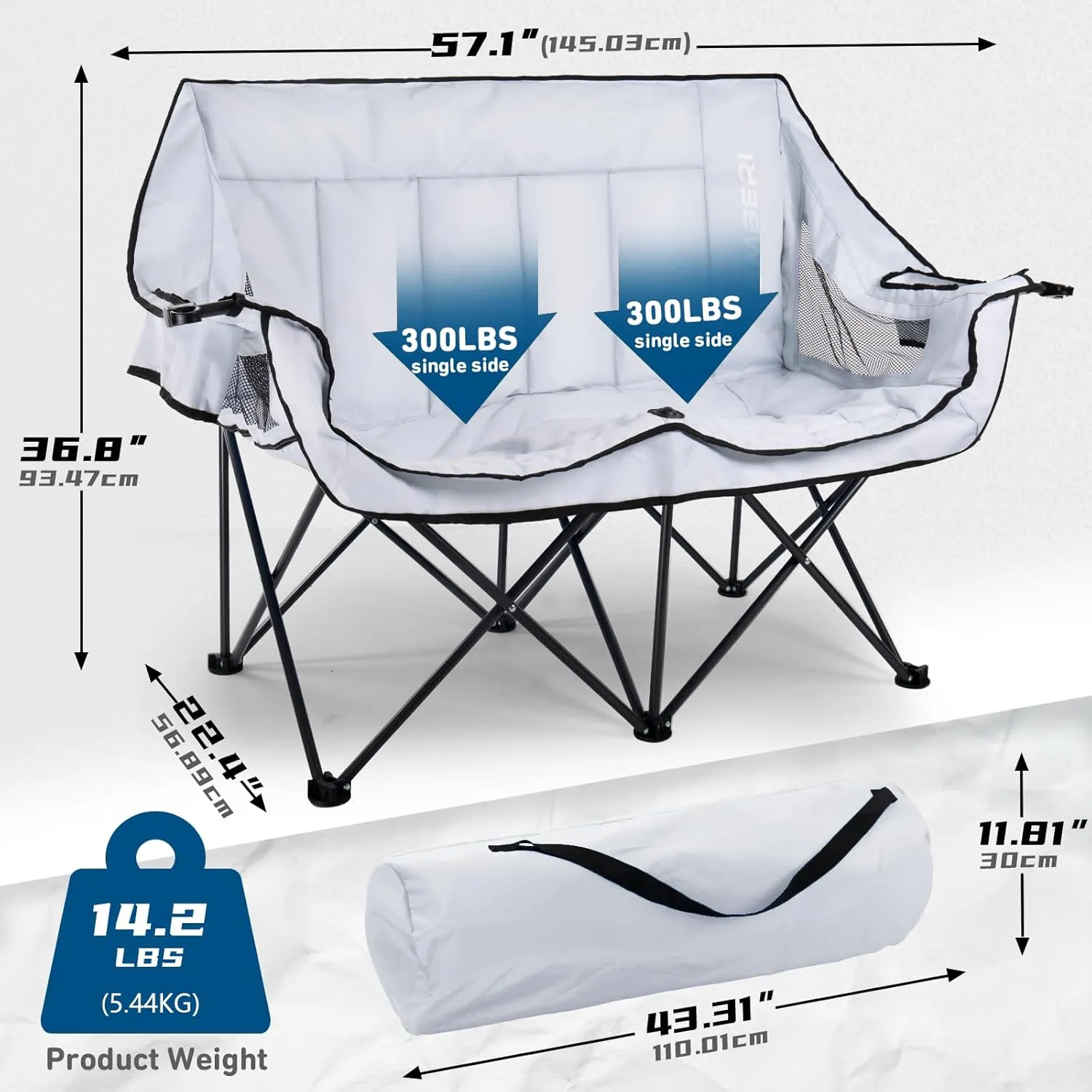 PUKAMI Oversized Double Camping Chair, Folding Loveseat Camping Chair for Adults, 2 Person Camping Couch Heavy Duty Camping Chairs, Portable Outdoor Lawn Chairs with Cup Holder
