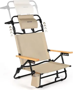 REALEAD Beach Chairs for Adults with Extendable High Back, 4-Position Reclining Beach Chair with Headrest, Cooler Pouch, Lay Flat Folding Beach Chairs Heavy Duty Support 330LBS