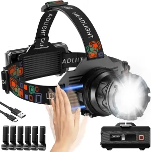 Rechargeable Headlamp Super Bright, Motion Sensor LED Head Lamp with 9 Modes, Zoomable Super Bright Headlamp for Adults 90° Adjustable, IPX7 Waterproof High Power Headlamps for Fishing Camping