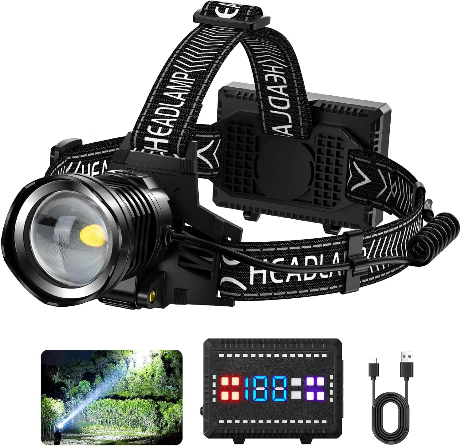 Rechargeable LED Headlamp 990000 High Lumens, 8 Modes Super Bright Head Lamp with Digital Display, 45 Hours Long Battery Life & IPX7 Waterproof Head Light for Outdoor, Camping