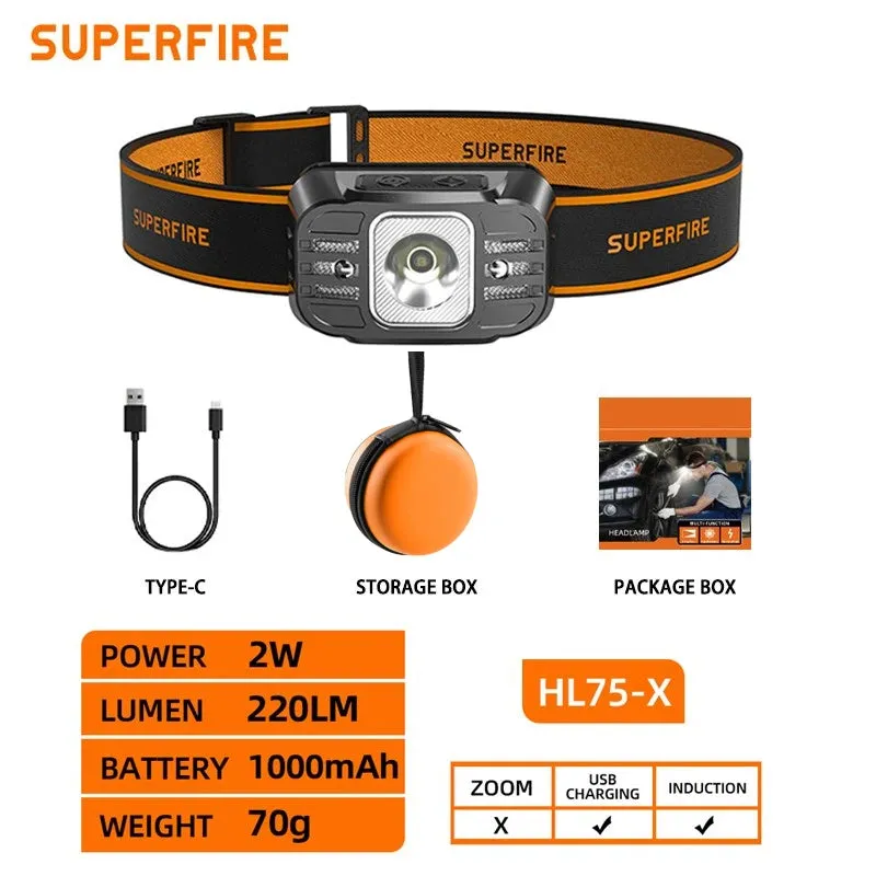 Rechargeable Mini LED Headlamp with USB-C, High Power Light, Sensor Feature for Work, Fishing, Outdoor Activities