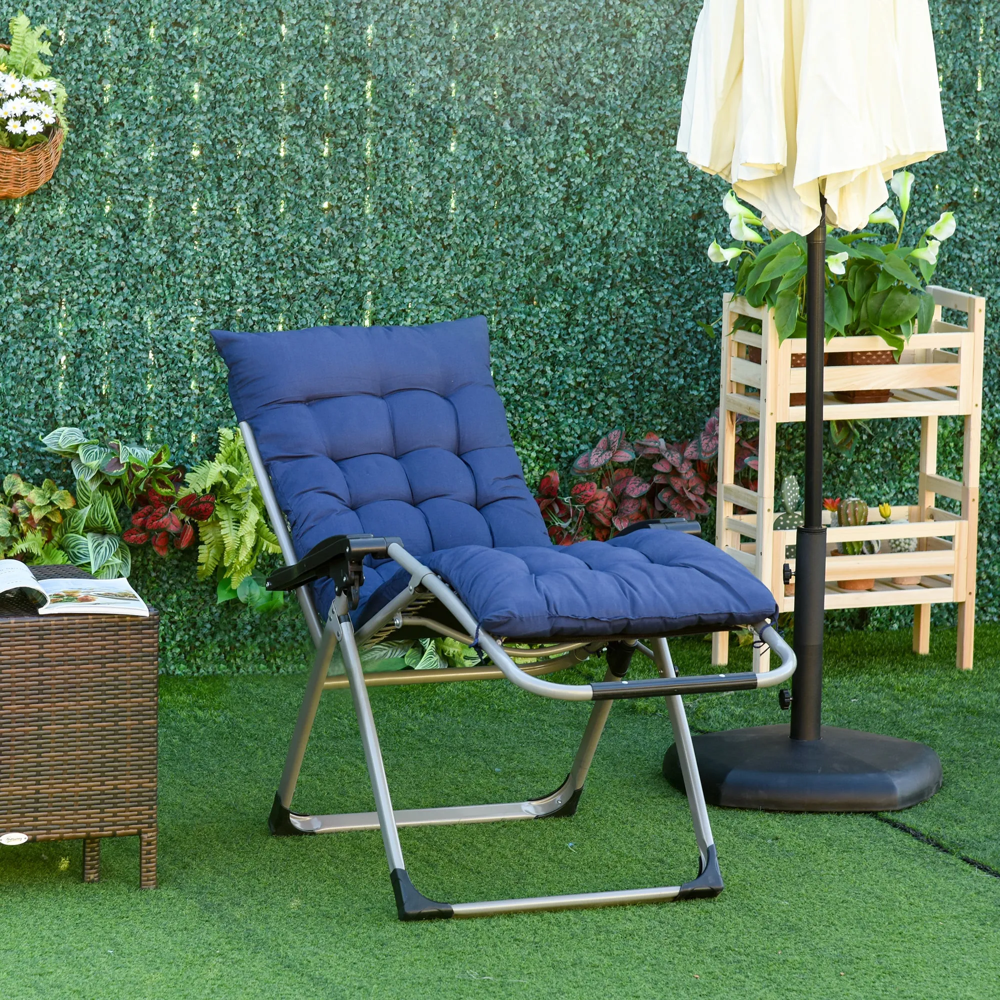 Reclining Zero Gravity Chair with Adjustable Backrest, Folding Garden Sun Lounger with Removable Cushion and Headrest, Dark Blue