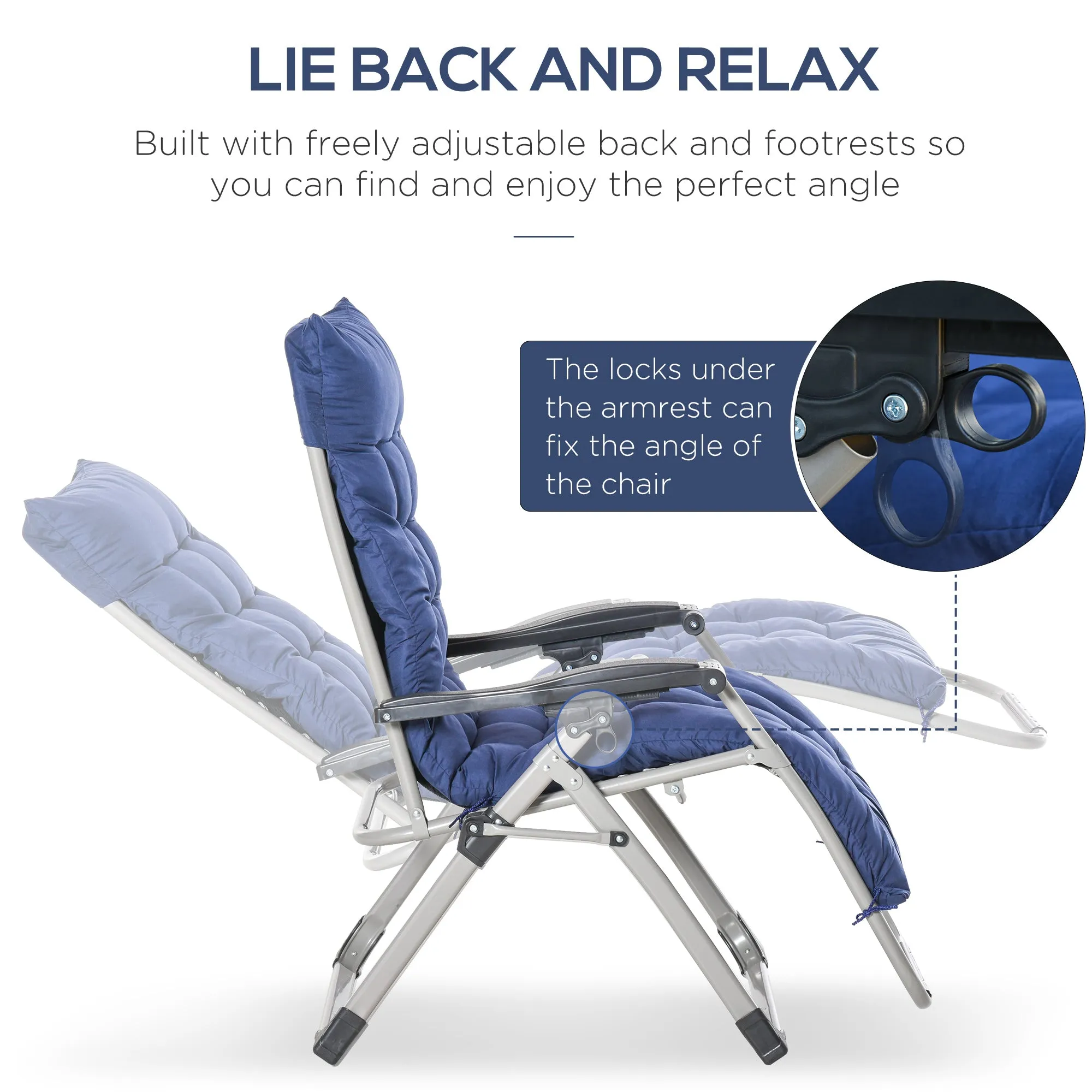 Reclining Zero Gravity Chair with Adjustable Backrest, Folding Garden Sun Lounger with Removable Cushion and Headrest, Dark Blue