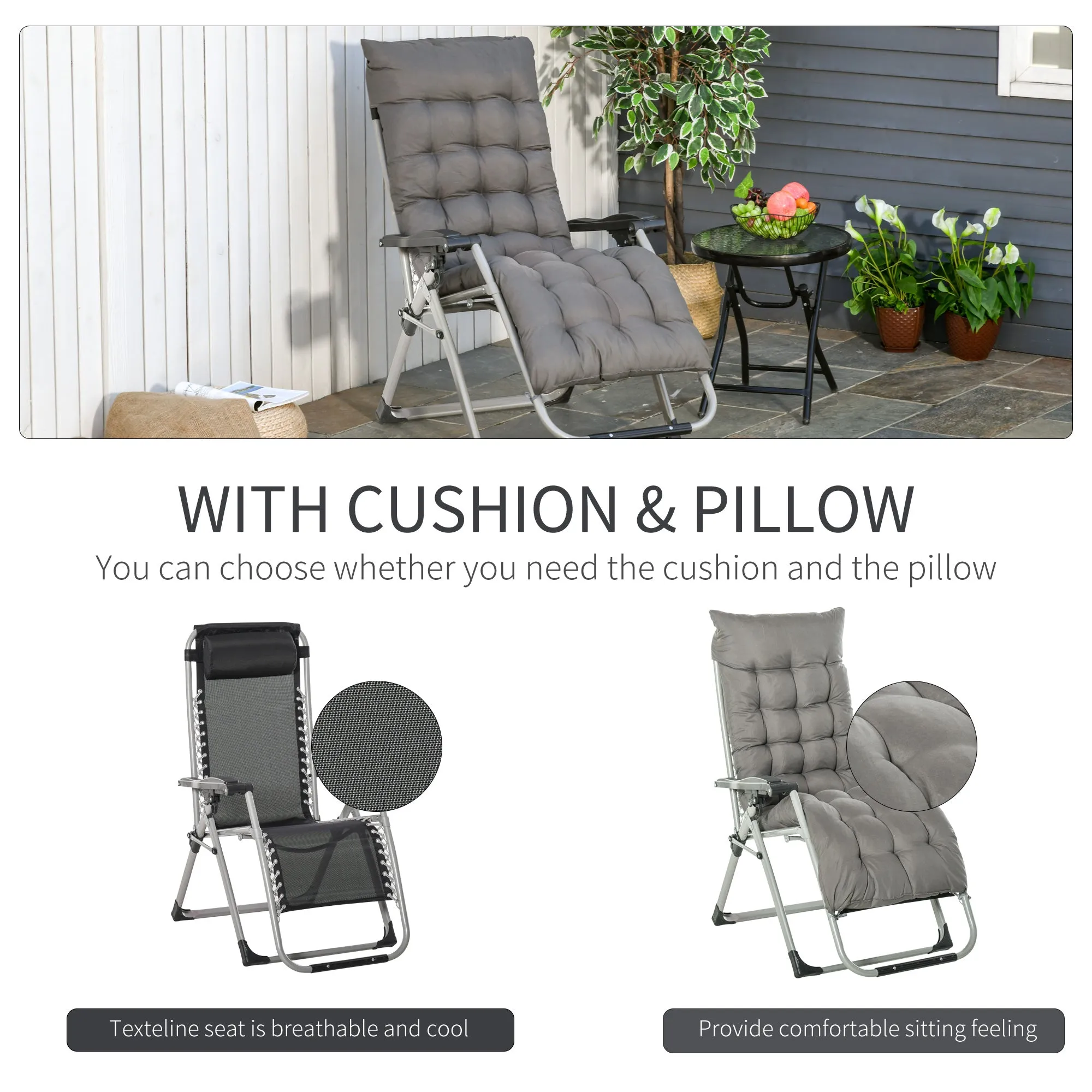 Reclining Zero Gravity Chair with Adjustable Backrest, Folding Garden Sun Lounger with Removable Cushion and Headrest, Dark Grey