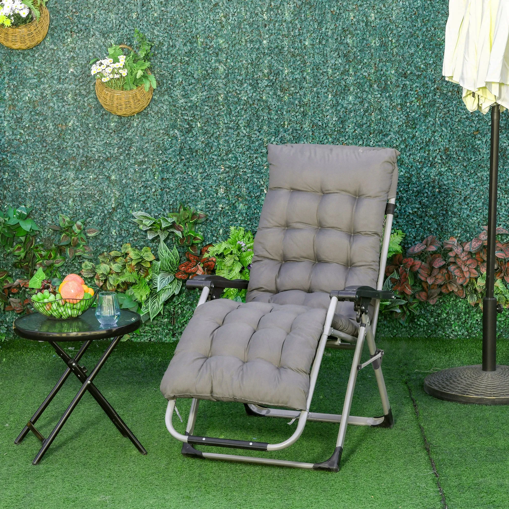 Reclining Zero Gravity Chair with Adjustable Backrest, Folding Garden Sun Lounger with Removable Cushion and Headrest, Dark Grey