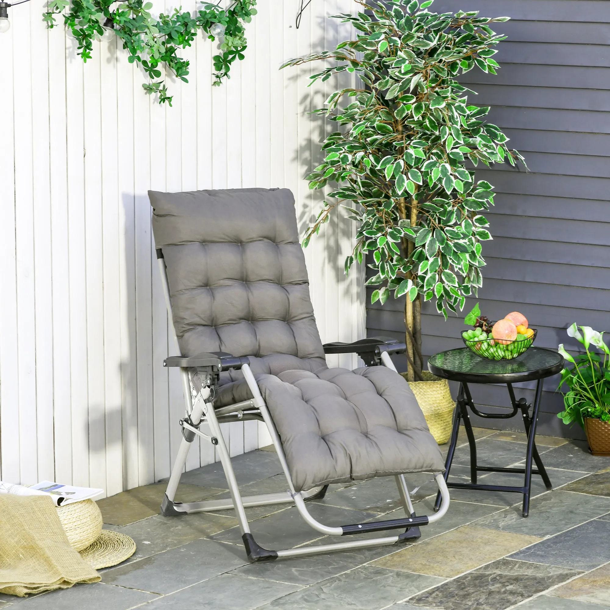 Reclining Zero Gravity Chair with Adjustable Backrest, Folding Garden Sun Lounger with Removable Cushion and Headrest, Dark Grey