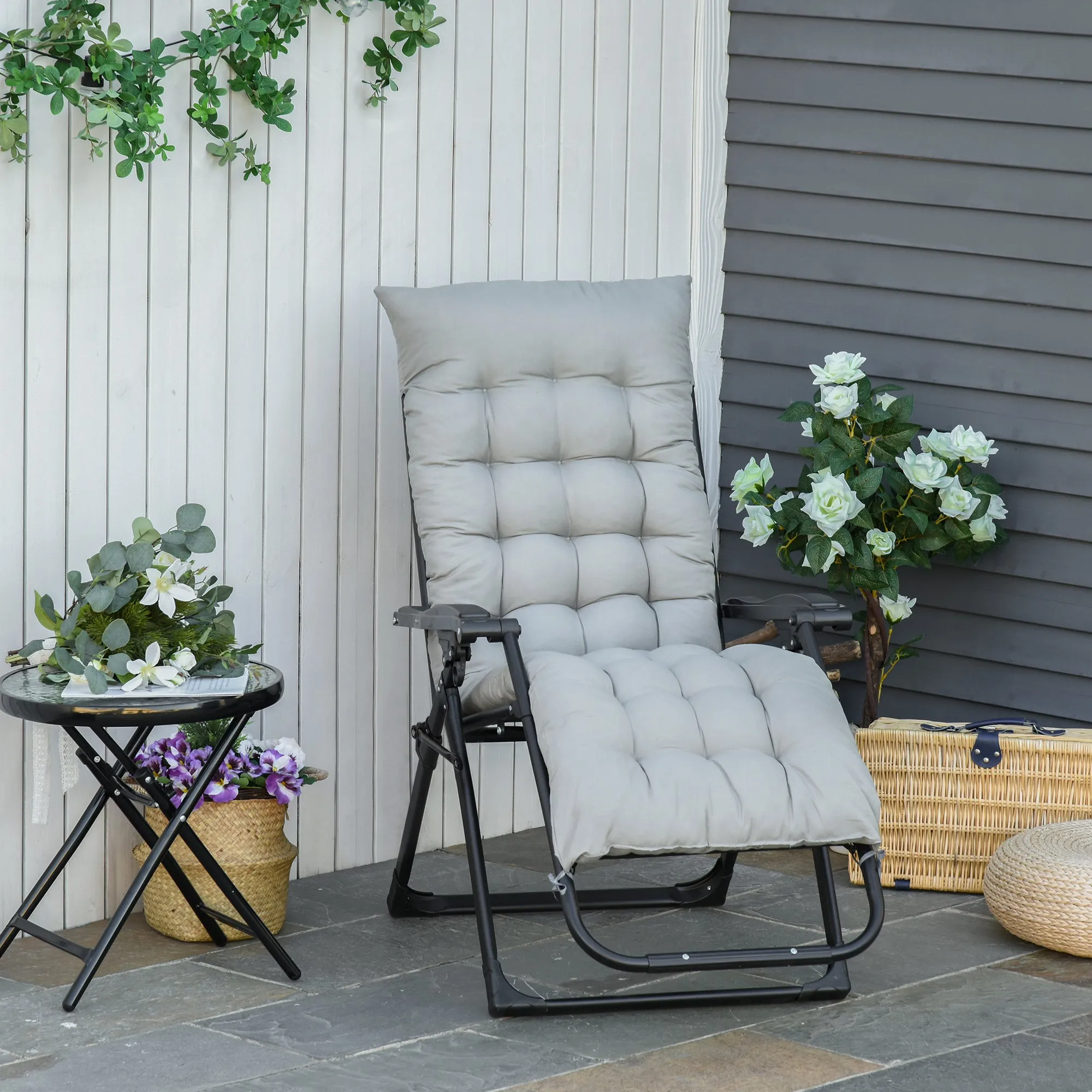 Reclining Zero Gravity Chair with Adjustable Backrest, Folding Garden Sun Lounger with Removable Cushion and Headrest, Light Grey