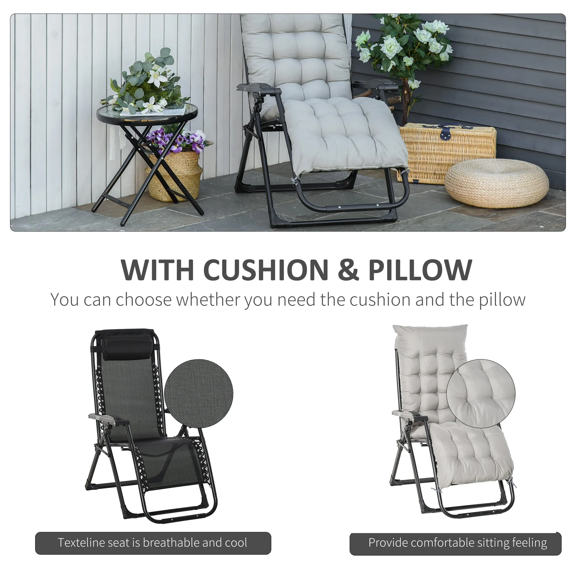 Reclining Zero Gravity Chair with Adjustable Backrest, Folding Garden Sun Lounger with Removable Cushion and Headrest, Light Grey
