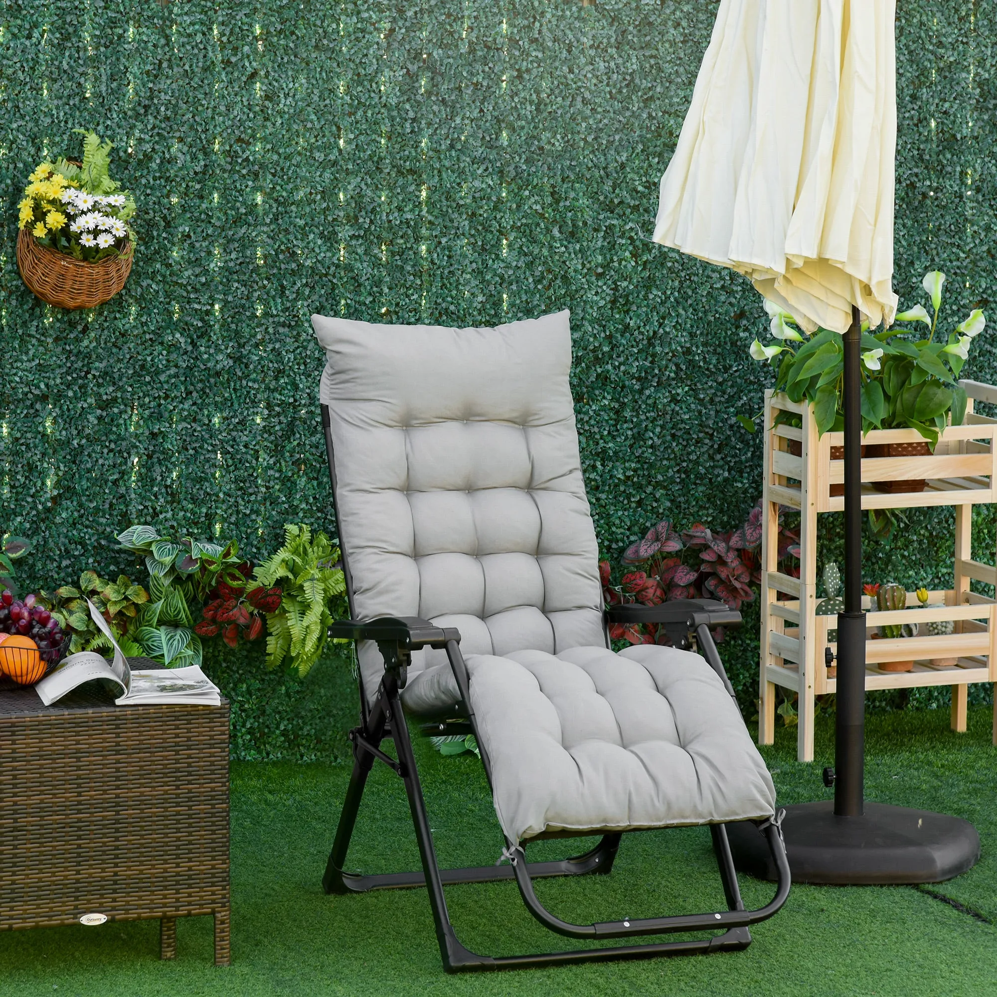 Reclining Zero Gravity Chair with Adjustable Backrest, Folding Garden Sun Lounger with Removable Cushion and Headrest, Light Grey