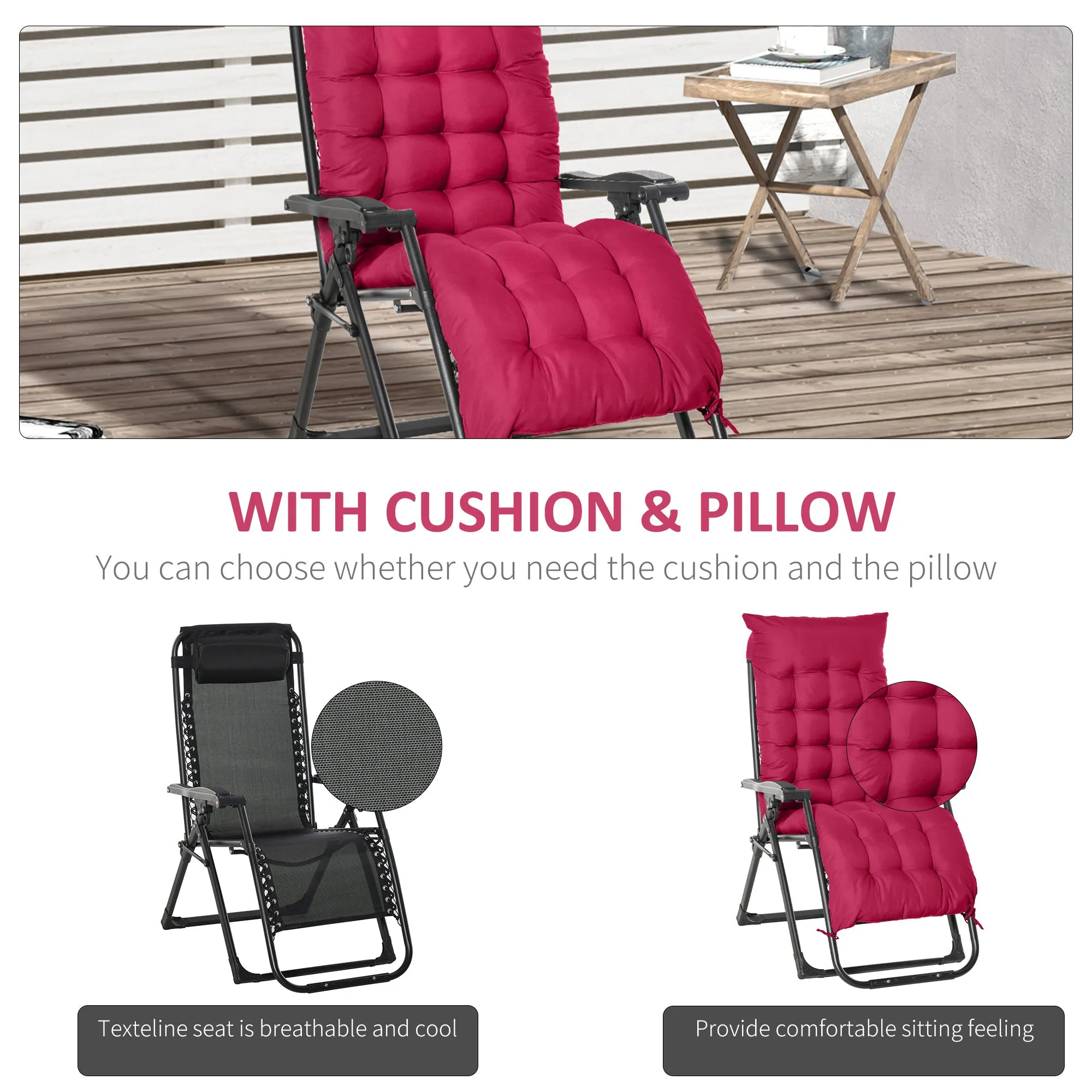 Reclining Zero Gravity Chair with Adjustable Backrest, Folding Garden Sun Lounger with Removable Cushion and Headrest, Wine Red