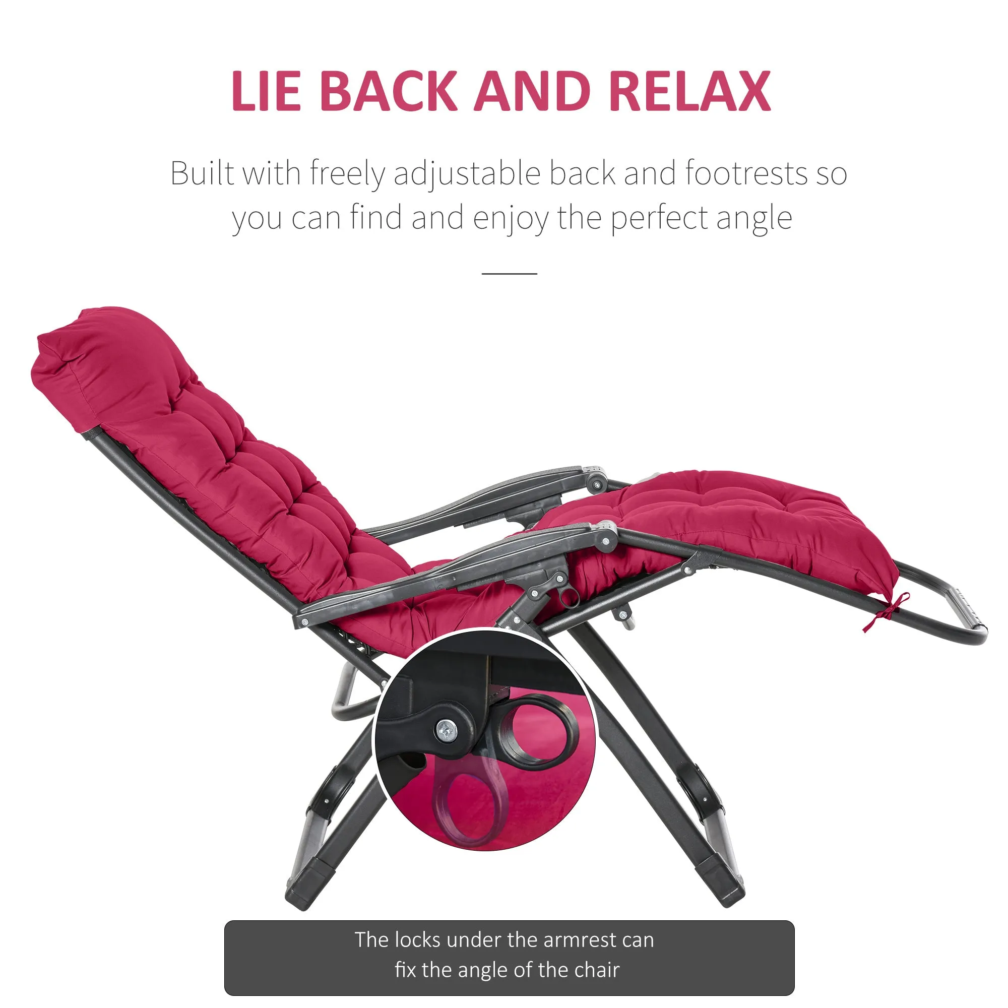 Reclining Zero Gravity Chair with Adjustable Backrest, Folding Garden Sun Lounger with Removable Cushion and Headrest, Wine Red