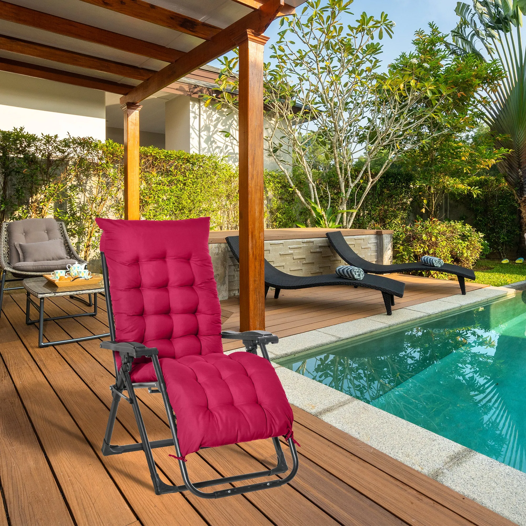 Reclining Zero Gravity Chair with Adjustable Backrest, Folding Garden Sun Lounger with Removable Cushion and Headrest, Wine Red