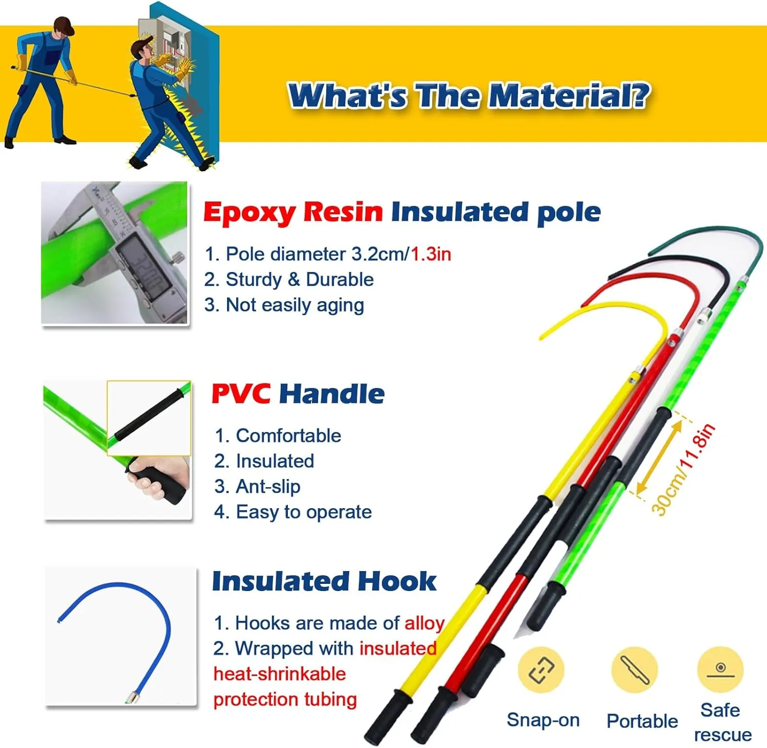 Rescue Hook Life-Saving Pull Rod 3.3Ft 4.9Ft 6.6Ft 9.8Feet Insulated Electrical Rescue Hook, Anti Electric Shock Rescue Pole/Safety Electrical Personal Rescue Stick, High Voltage Insulated Security To