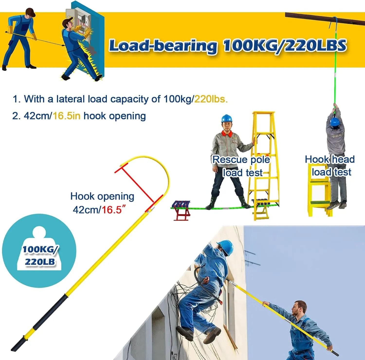 Rescue Hook Life-Saving Pull Rod 3.3Ft 4.9Ft 6.6Ft 9.8Feet Insulated Electrical Rescue Hook, Anti Electric Shock Rescue Pole/Safety Electrical Personal Rescue Stick, High Voltage Insulated Security To