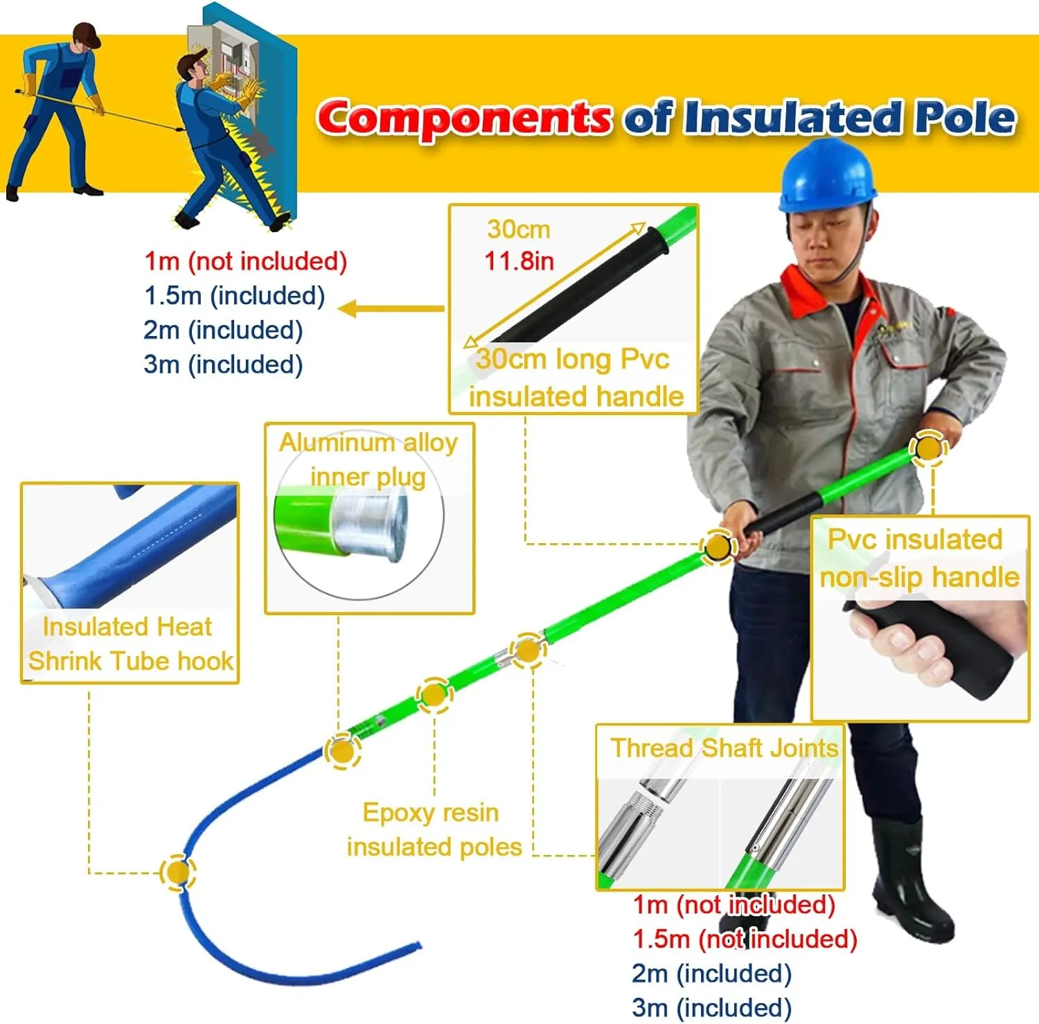 Rescue Hook Life-Saving Pull Rod 3.3Ft 4.9Ft 6.6Ft 9.8Feet Insulated Electrical Rescue Hook, Anti Electric Shock Rescue Pole/Safety Electrical Personal Rescue Stick, High Voltage Insulated Security To