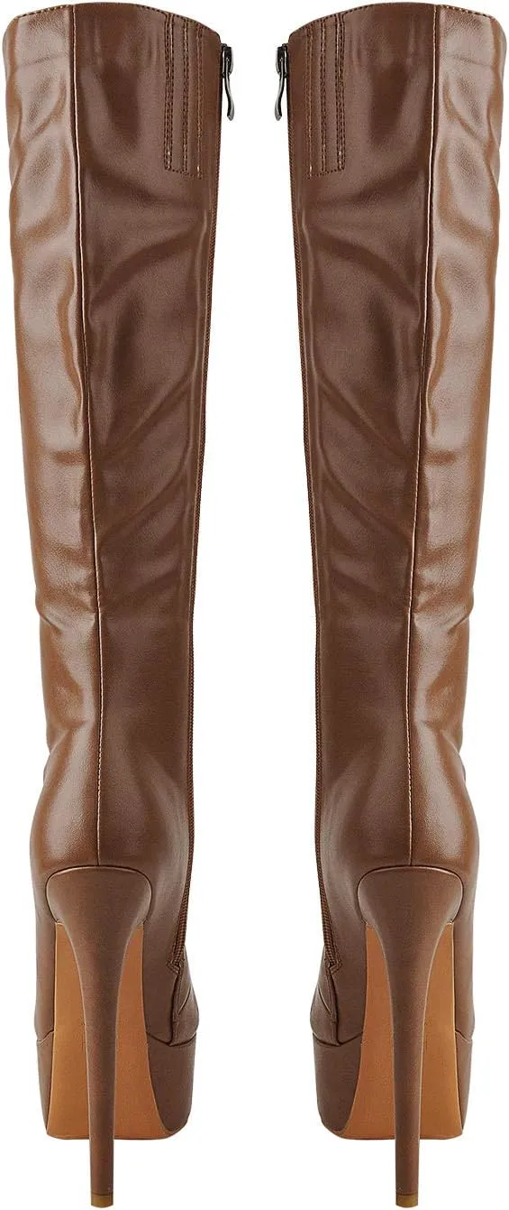 richealnini Lace Up Platform Knee High Boots for Women Side Zipper Wide Calf Boots