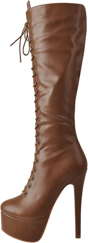 richealnini Lace Up Platform Knee High Boots for Women Side Zipper Wide Calf Boots