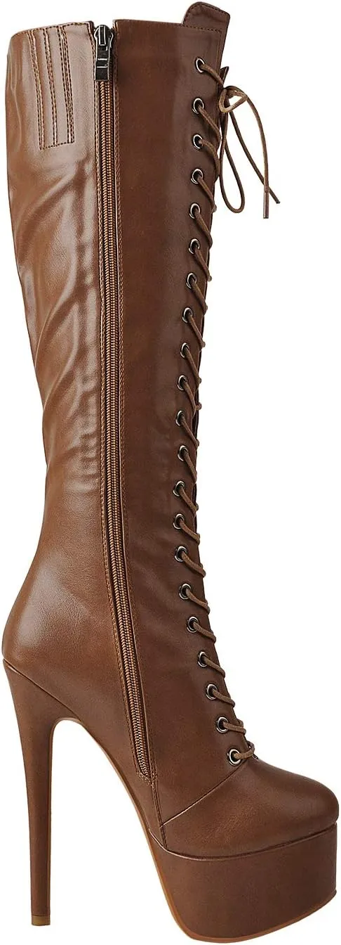 richealnini Lace Up Platform Knee High Boots for Women Side Zipper Wide Calf Boots