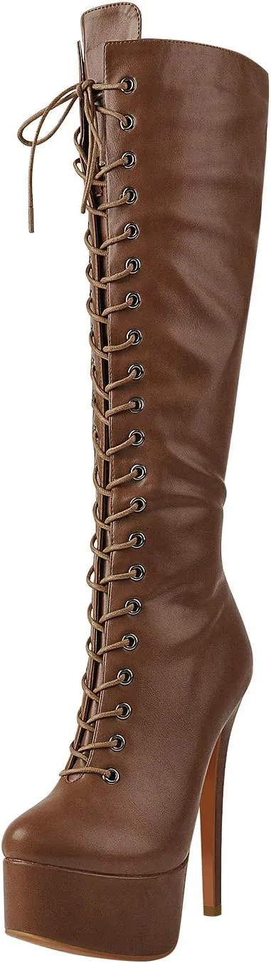 richealnini Lace Up Platform Knee High Boots for Women Side Zipper Wide Calf Boots