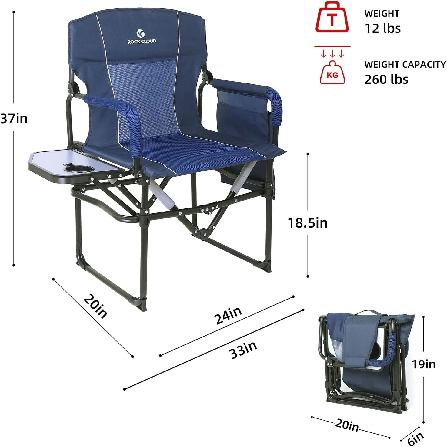 ROCK CLOUD Folding Camping Chair with Storage Pocket and Side Table Compact Portable Camp Chairs Outdoor for Camp Lawn Hiking Fishing Sports