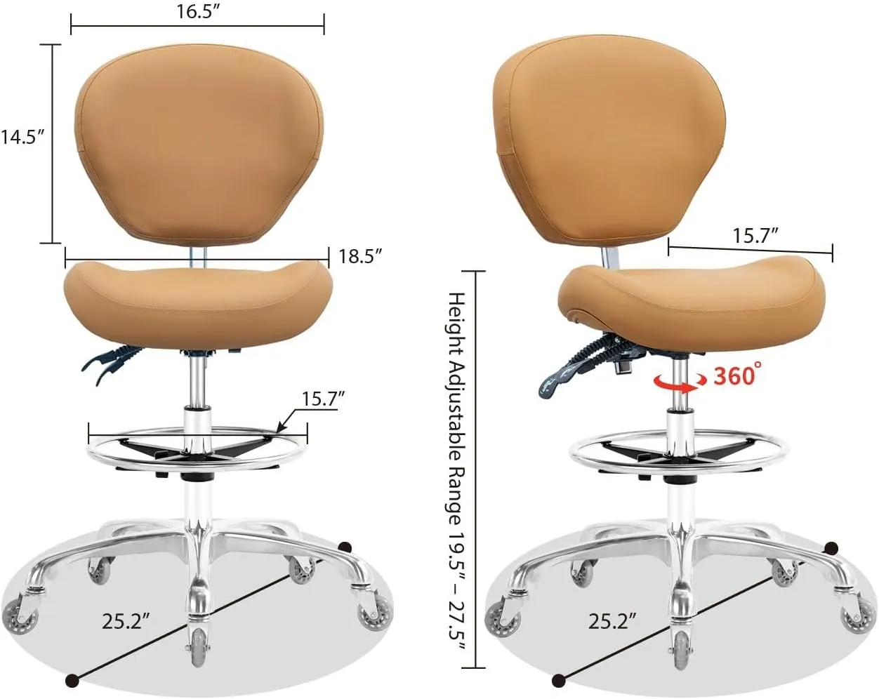 Rolling Swivel Drafting Chair Adjustable Heavy Duty (400lbs) Lumbar Support Task Chair for Home Desk Studio Design Lab(Camel)