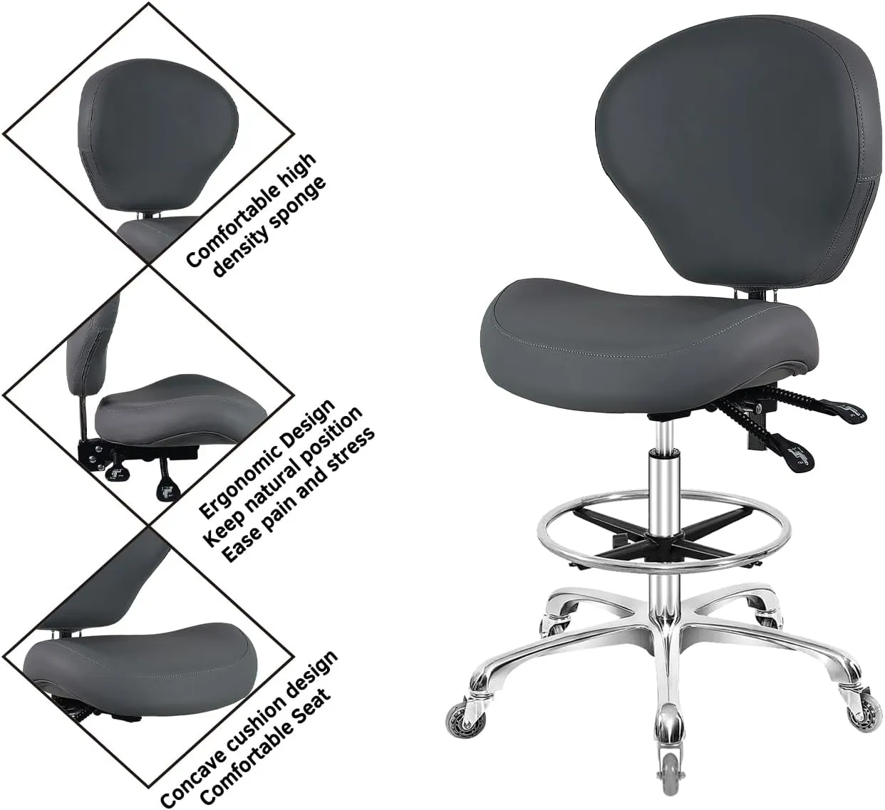 Rolling Swivel Drafting Chair Adjustable Heavy Duty (400lbs) Lumbar Support Task Chair for Home Desk Studio Design Lab(Grey)