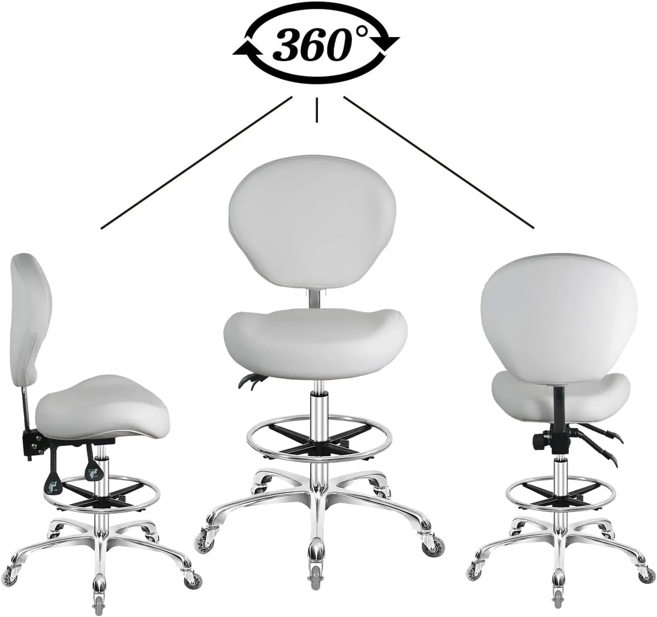 Rolling Swivel Drafting Chair Adjustable Heavy Duty (400lbs) Lumbar Support Task Chair for Home Desk Studio Design Lab(Trapezoidal Back White)