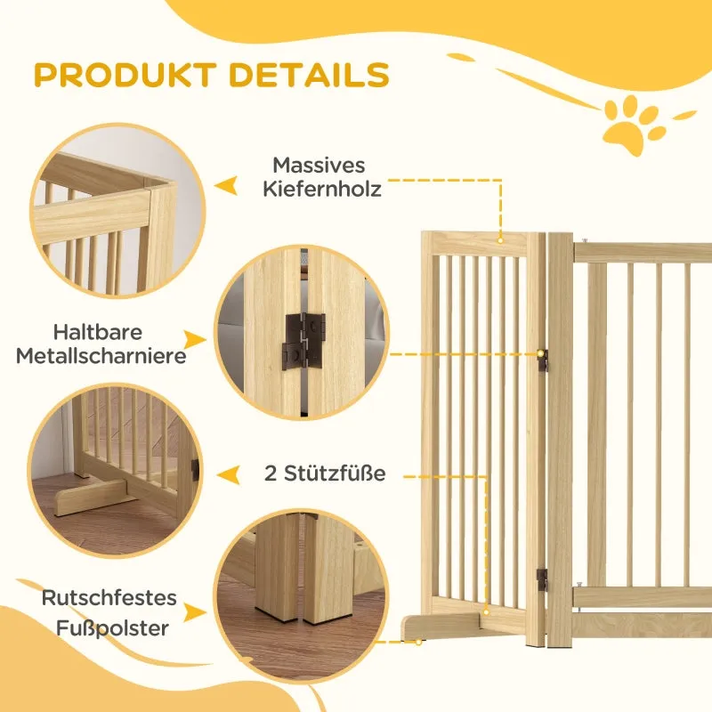 Rootz Dog Gate with Door - Wooden Pet Barrier - Solid Pine Wood - Free-Standing Design - Foldable Panels - 220cm x 36cm x 91cm