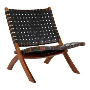 Rootz Perugia Folding Chair - Woven Leather - Teak Wood - Space-Saving Design - 66cm x 74cm x 73cm