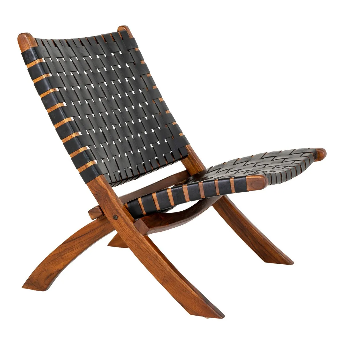 Rootz Perugia Folding Chair - Woven Leather - Teak Wood - Space-Saving Design - 66cm x 74cm x 73cm