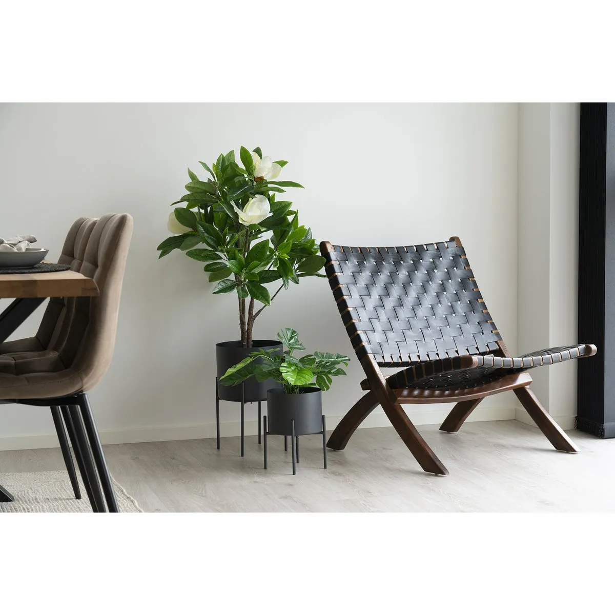 Rootz Perugia Folding Chair - Woven Leather - Teak Wood - Space-Saving Design - 66cm x 74cm x 73cm