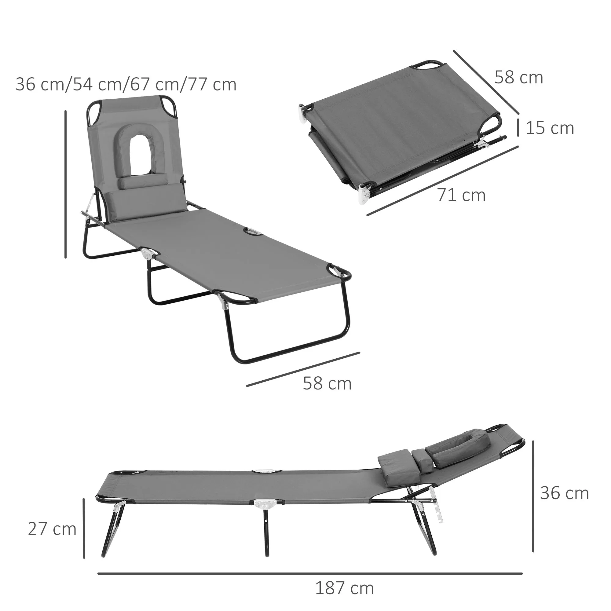 Rootz Sun Bed Folding Deck Chair - Reading Chair - Beach Lounger - 4 Positions - 187L x 58W x 36H cm