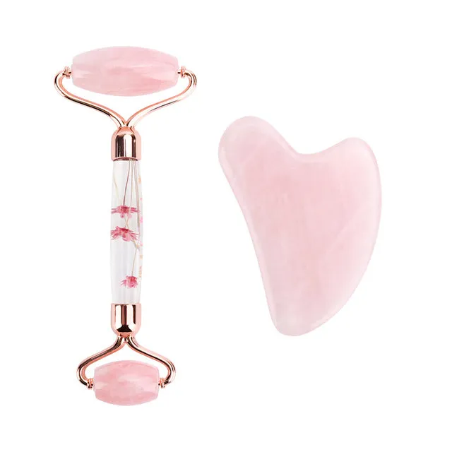 Rose Quartz Jade Roller Flower Pole Face Lifting
