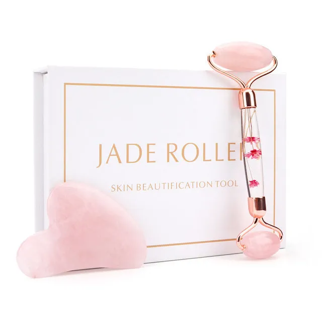 Rose Quartz Jade Roller Flower Pole Face Lifting