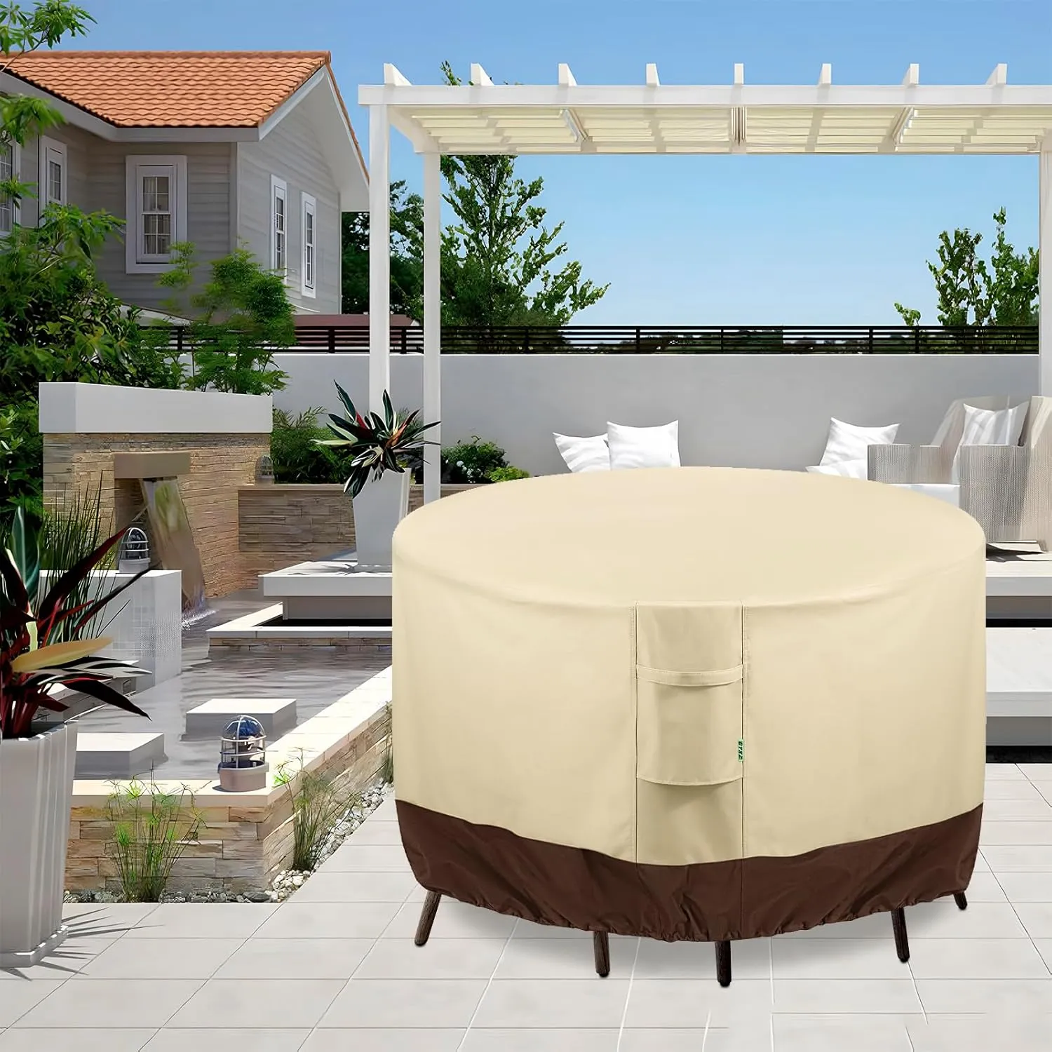 Round Patio Furniture Covers, GYXZ Outdoor Furniture Cover Waterproof for Patio Table & Chair Sets, UV-Resistant Fade-Proof Protection 72" DIA x 28 H, Beige & Brown