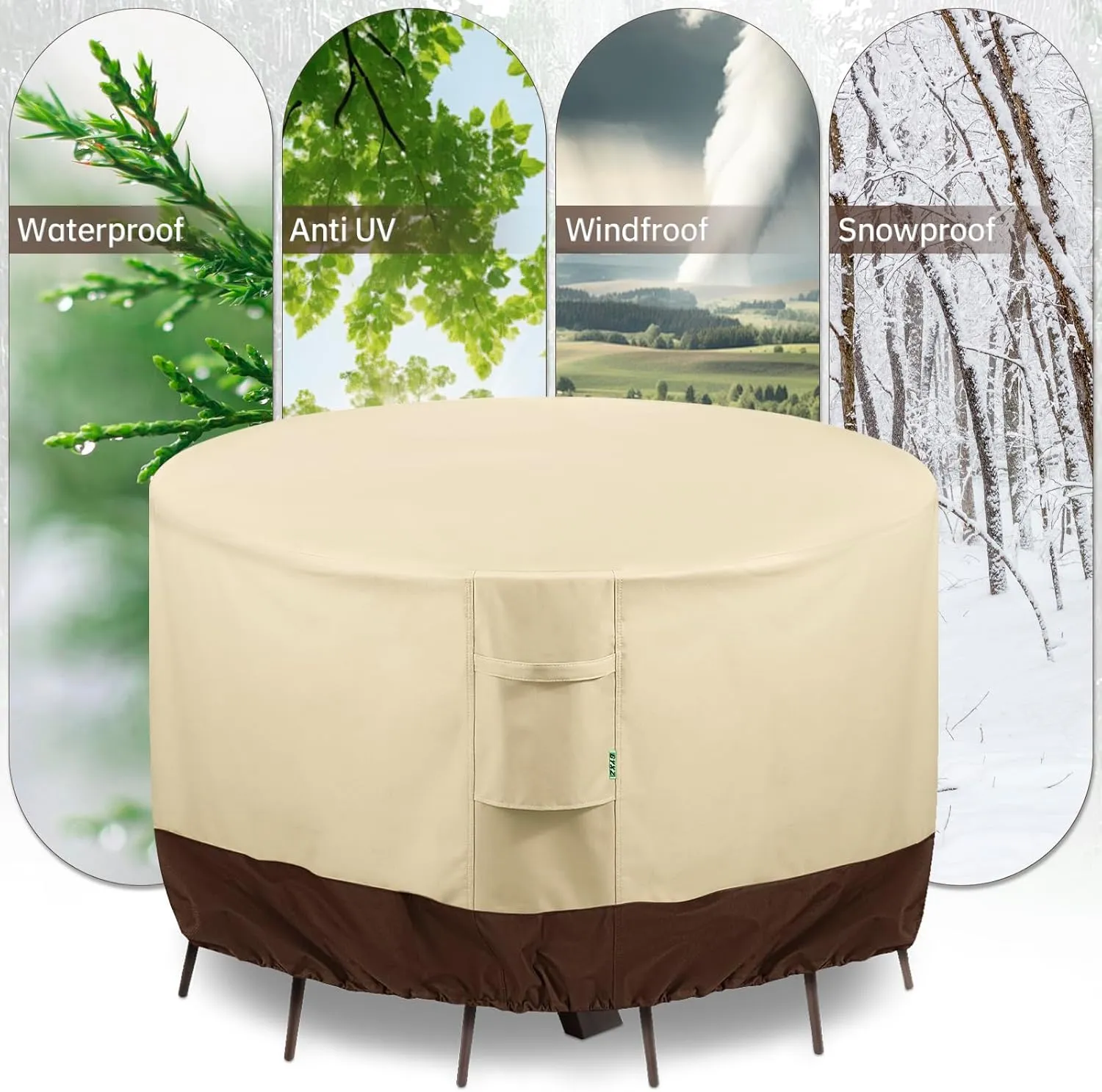 Round Patio Furniture Covers, GYXZ Outdoor Furniture Cover Waterproof for Patio Table & Chair Sets, UV-Resistant Fade-Proof Protection 72" DIA x 28 H, Beige & Brown