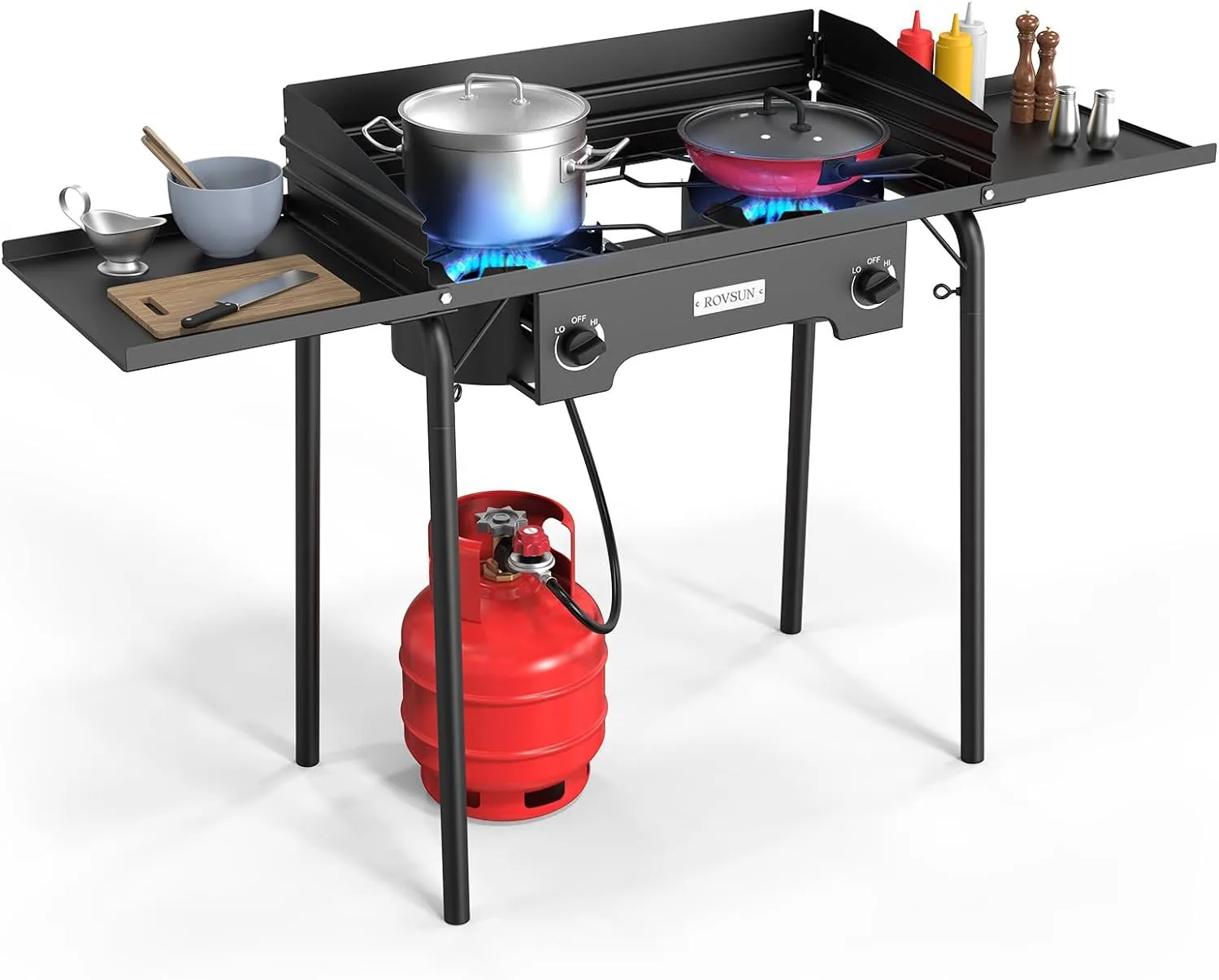 ROVSUN 2 Burner Gas Stove with Side Shelves, 150,000 BTU Portable Propane Stove with Removable Legs, Wind Panels & Regulator for Camping Home Backyard Cooking Brewing Canning Turkey Frying