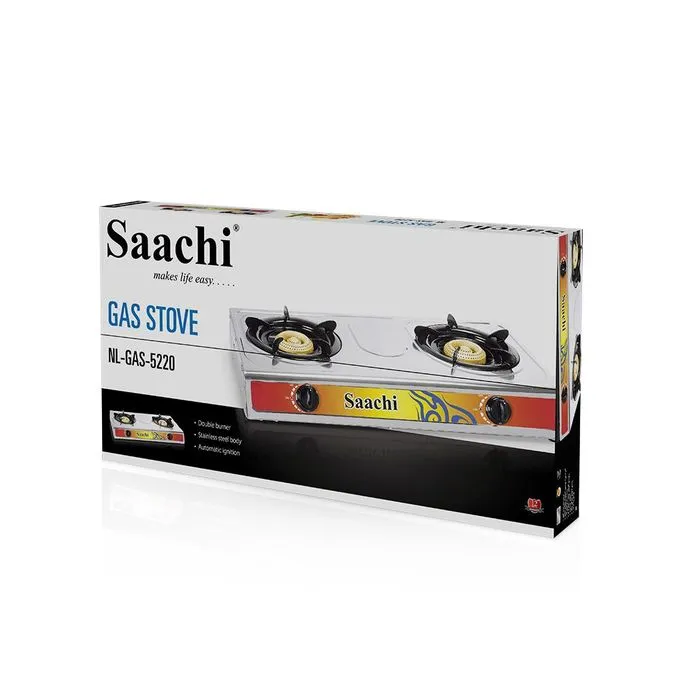 Saachi 2-Burner Gas Stove – Stainless Steel Top, Auto Ignition, Energy-Efficient Cooking