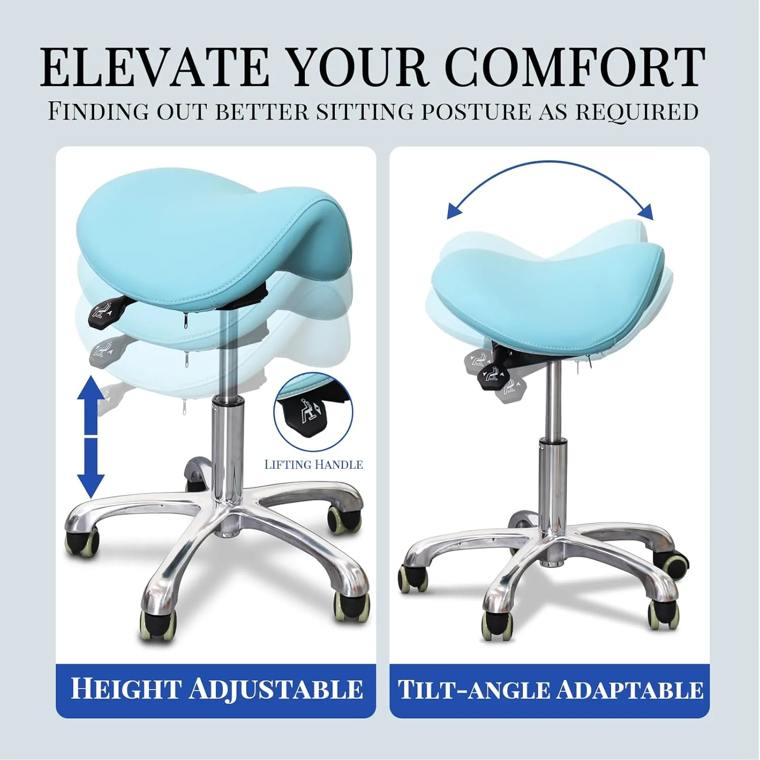 Saddle Stool Tilting Available Ergonomic Swivel Stool Chair with Hydraulic Lifting Height Adjustable Rolling Stool for Office Desk Clinic Dentist Spa-Lake Blue