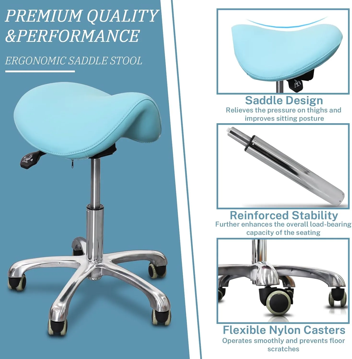 Saddle Stool Tilting Available Ergonomic Swivel Stool Chair with Hydraulic Lifting Height Adjustable Rolling Stool for Office Desk Clinic Dentist Spa-Lake Blue