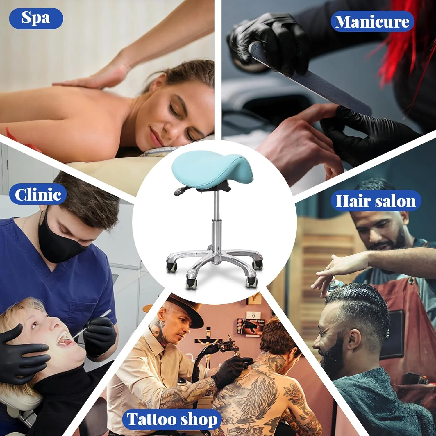 Saddle Stool Tilting Available Ergonomic Swivel Stool Chair with Hydraulic Lifting Height Adjustable Rolling Stool for Office Desk Clinic Dentist Spa-Lake Blue