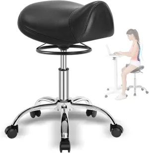 Saddle Stool with Wheels 300 lbs Weight Capacity, Heavy Duty Rolling Stool for Medical Massage Salon Kitchen Spa Drafting Nail-Tech,Height Adjustable,360 Swivel,Wide Thick Seat Padding (Black)