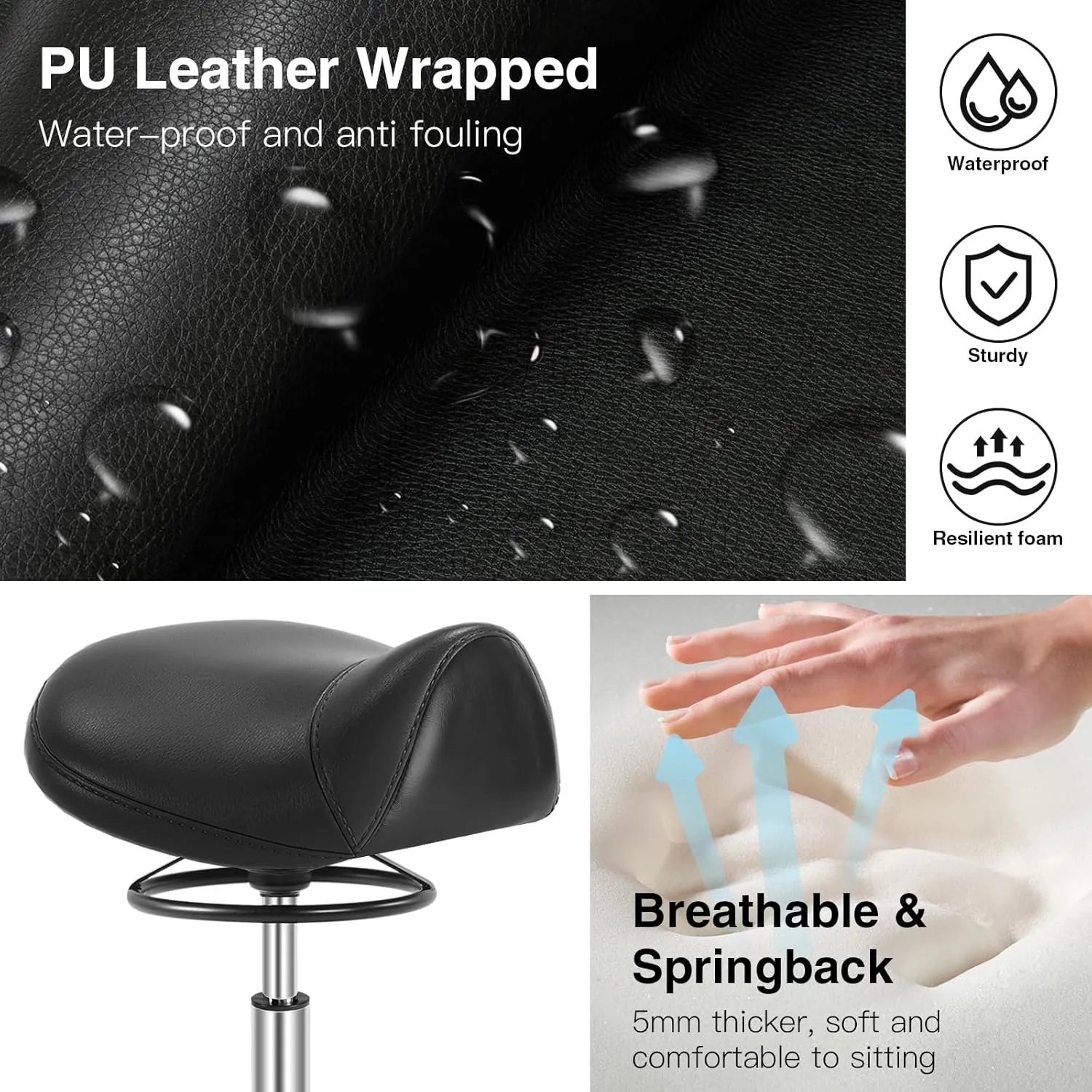 Saddle Stool with Wheels 300 lbs Weight Capacity, Heavy Duty Rolling Stool for Medical Massage Salon Kitchen Spa Drafting Nail-Tech,Height Adjustable,360 Swivel,Wide Thick Seat Padding (Black)