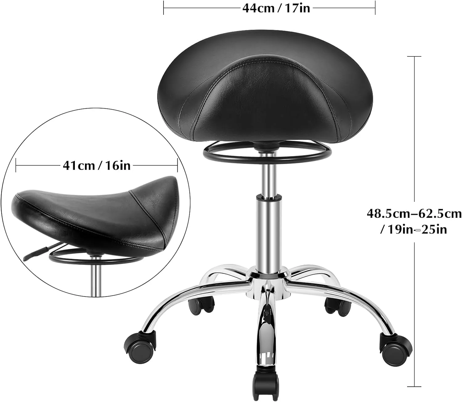 Saddle Stool with Wheels 300 lbs Weight Capacity, Heavy Duty Rolling Stool for Medical Massage Salon Kitchen Spa Drafting Nail-Tech,Height Adjustable,360 Swivel,Wide Thick Seat Padding (Black)