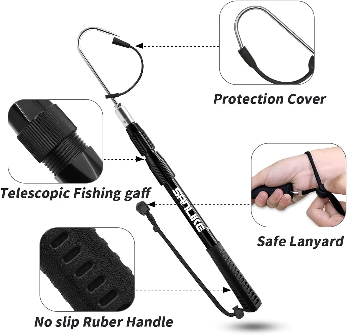 SANLIKE Telescopic Fish Gaff with Stainless Sea Fishing Spear Hook Tackle, Soft Handle Aluminium Alloy Pole for Saltwater Offshore Ice Tool