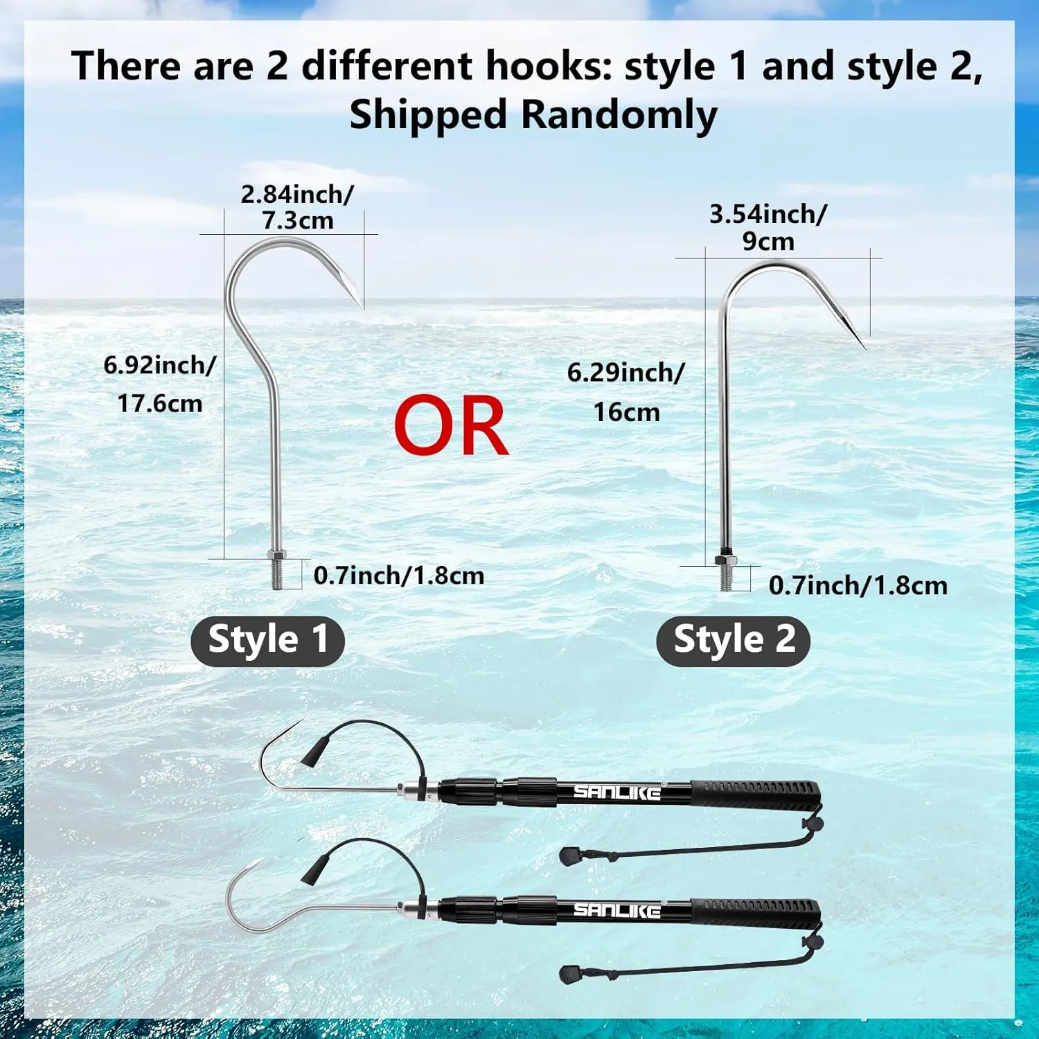 SANLIKE Telescopic Fish Gaff with Stainless Sea Fishing Spear Hook Tackle, Soft Handle Aluminium Alloy Pole for Saltwater Offshore Ice Tool