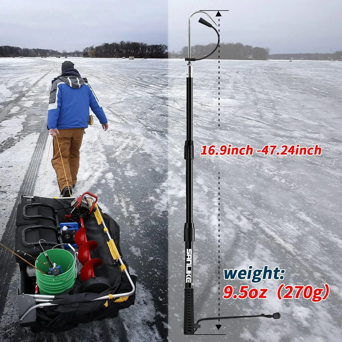 SANLIKE Telescopic Fish Gaff with Stainless Sea Fishing Spear Hook Tackle, Soft Handle Aluminium Alloy Pole for Saltwater Offshore Ice Tool