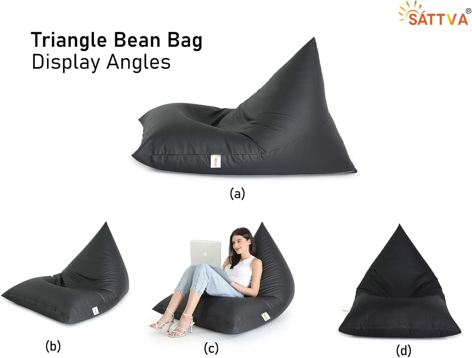 SATTVA 5ft Triangle Bean Bag for Adults - Big Bean Bag Covers Only (No Filling), Love Sack Bean Bag Oversized, All Weather Water Resistant Ultra Soft Zipper, for Dorm & Family Room (Black)